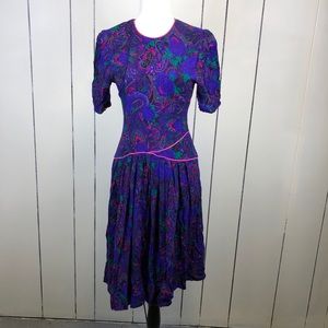 Vintage 1980s Purple Paisley Dress Sz 4